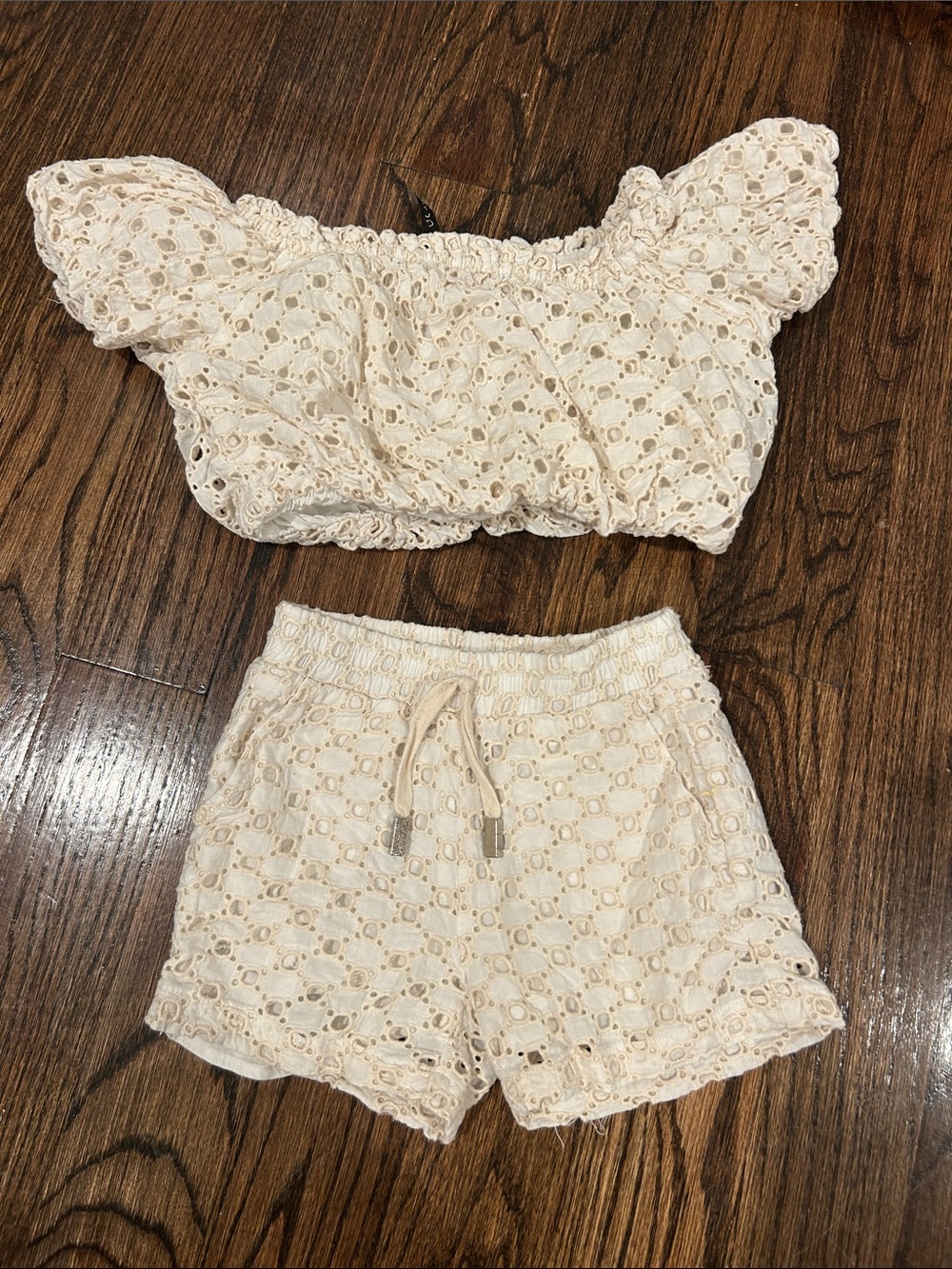 Kids Cream Eyelet Matching Shorts Set - Breathable Summer Outfit
